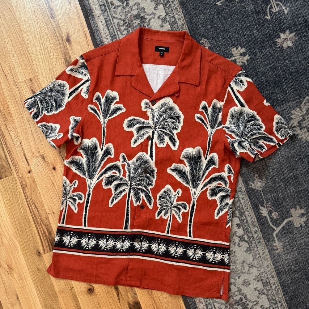 Men's Express Orange Linen Palm Tree Floral Button Down Beach Shirt Small